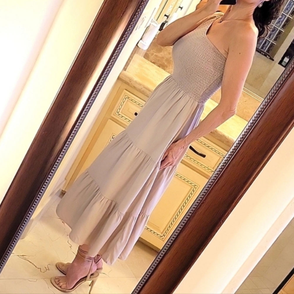 BTFBM Taupe One-shoulder Ruched Top & Flowy Tiered Bottom Summer Dress, S - Picture 10 of 14